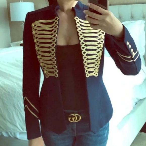 Zara Navy Blue Gold Embroidery Military Blogger Jacket Blazer XS - Picture 9 of 14